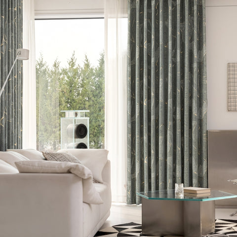 Blauer Vorhang mit goldenem Holzmuster für Wohnzimmer