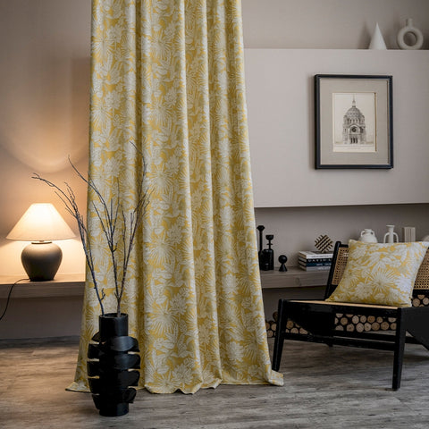 Gelber tropischer Vorhang mit Chenille-Blättermuster