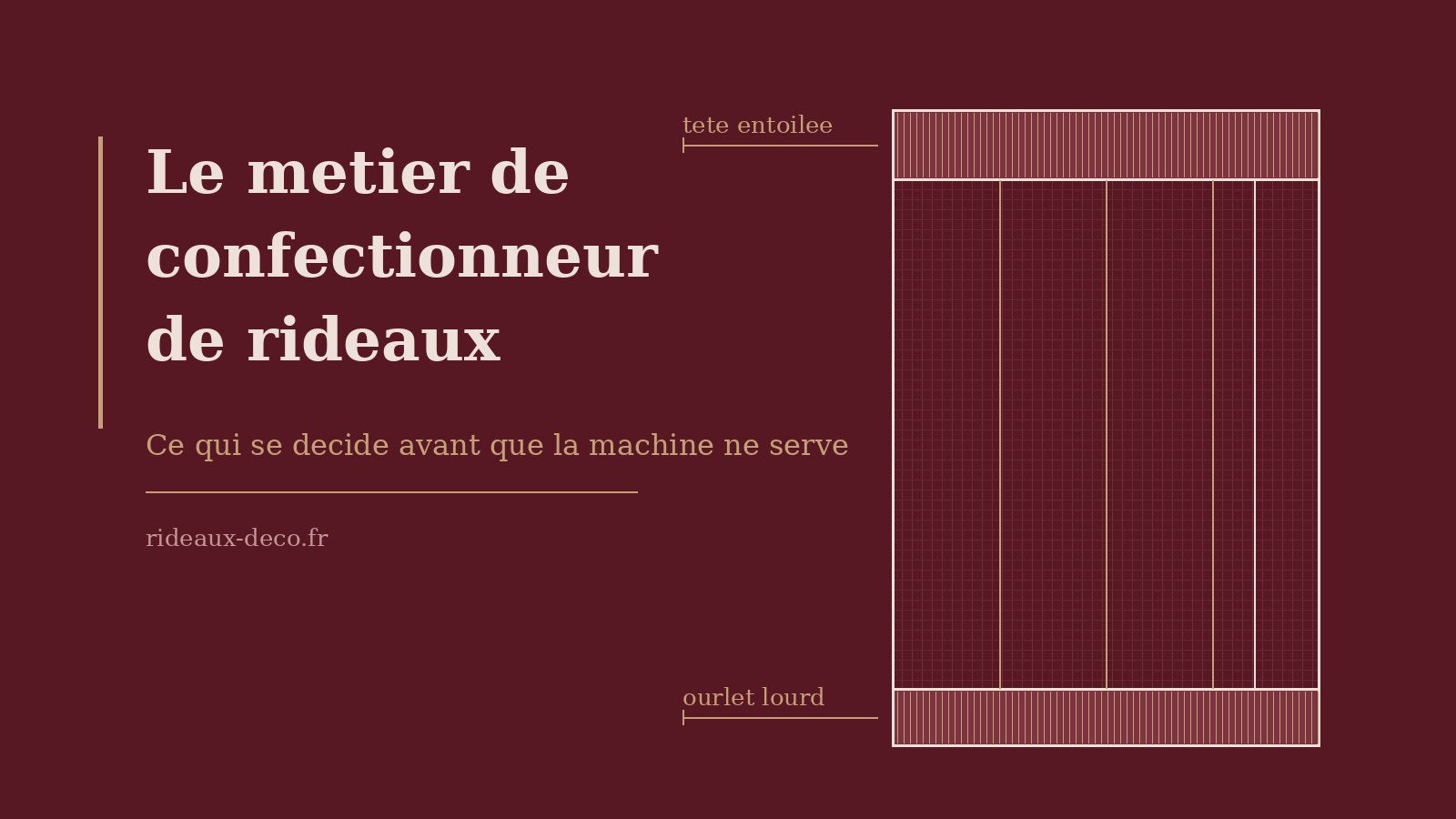 Élévation technique d'un rideau : tête entoilée, droit-fil et ourlet lesté
