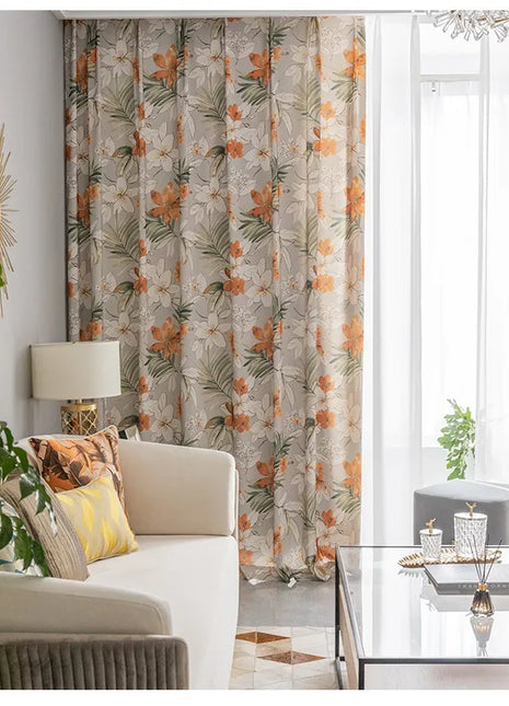 Rideau Gris Motifs Fleurs Orange