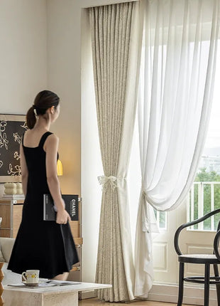 Luxuriöser, verdunkelnder Jacquard-Vorhang aus beigem Baumwollleinen